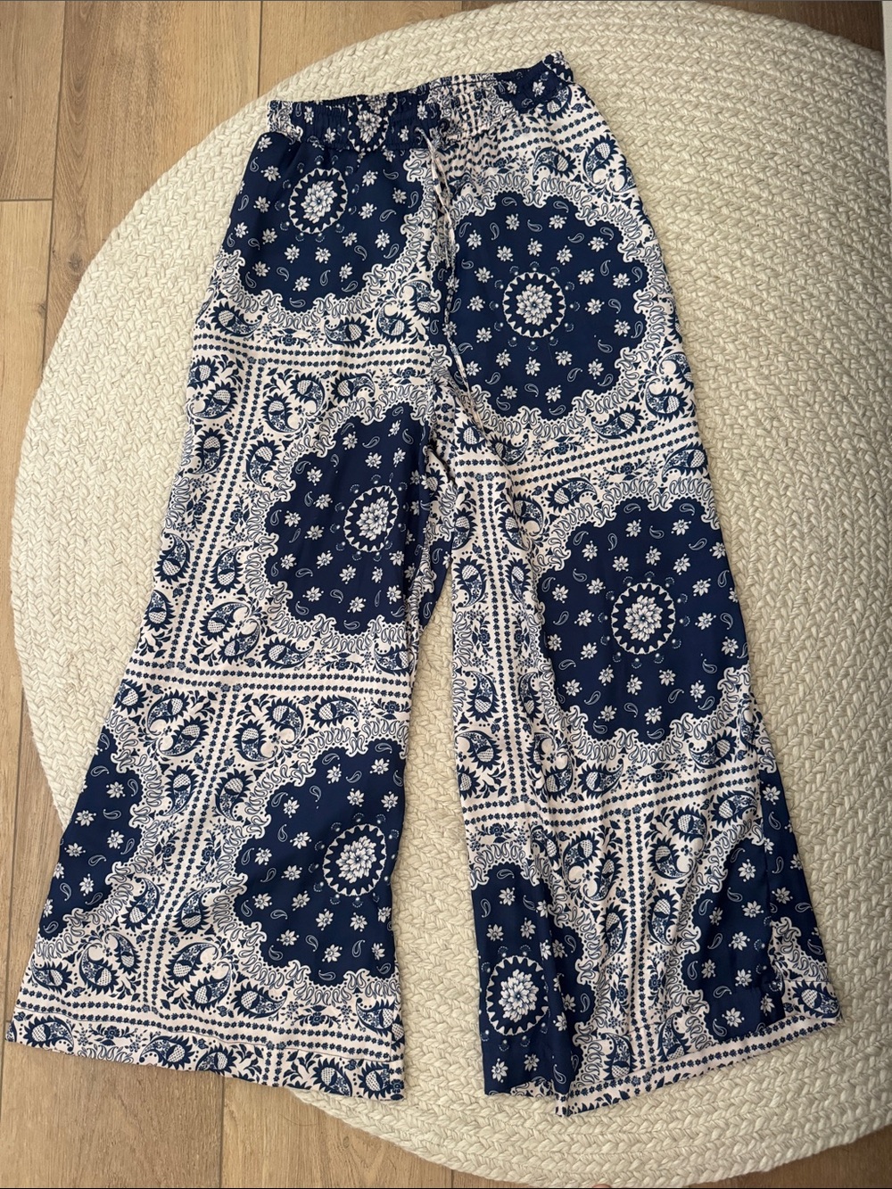 Agua Bendita Navy and White Wide-Leg Printed Pants